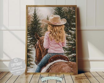 May include: A painting of a young woman wearing a brown cowboy hat and a pink sweater riding a brown horse through a snowy forest.