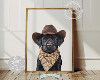 May include: A framed artwork featuring a black Labrador Retriever wearing a brown cowboy hat and a plaid scarf. The dog's portrait is set against a white background, with the text "COPYRIGHT exclusive to Silverwood Friends 2025".