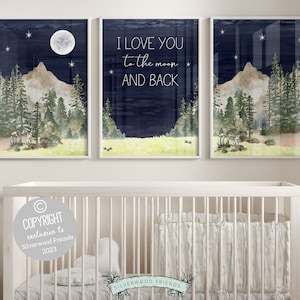 ORIGINAL Mountain Nursery Print Gift For Kids Moon Nursery Decor, Woodland Forest Night Sky Nursery Decor, I Love You To The Moon And Back