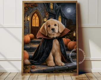 May include: A golden retriever puppy wearing a black cape with a red lining sits on stone steps in front of a house at night. The scene includes orange pumpkins, glowing lanterns, and a full moon in the sky. The text Silverwood Friends is visible.