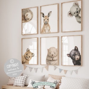 Stampe di animali australiani per la cameretta dei bambini, decorazioni per la cameretta dei bambini australiane, stampe artistiche da parete per la cameretta dei bambini aborigena, stampa digitale di animali nativi australiani che sbirciano