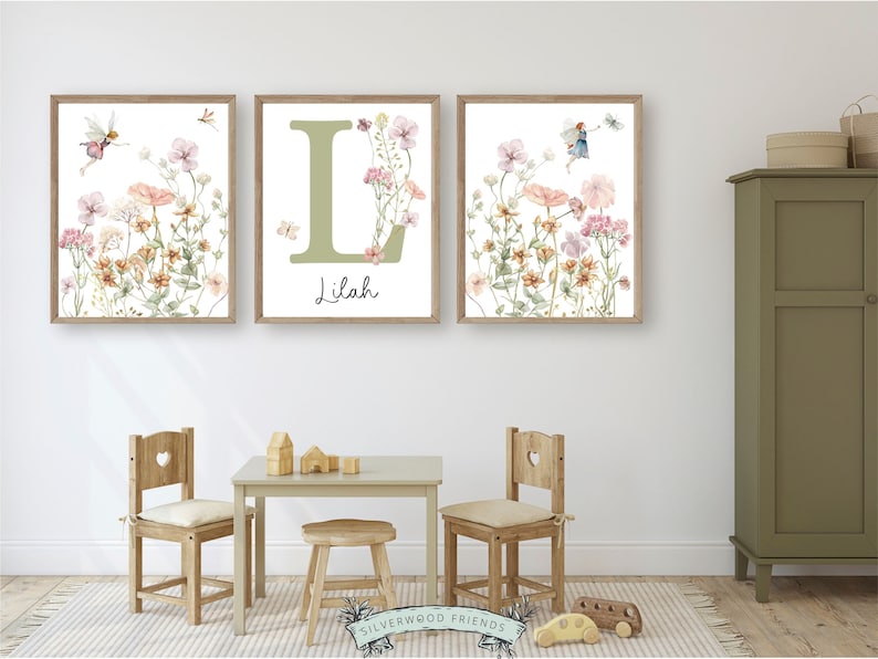 Wildflower Fairy Nursery Prints, Floral Name Nursery Wall Art, Wild Flower Nursery Art, Girl Nursery Prints, Custom Boho Baby Digital Print image 8