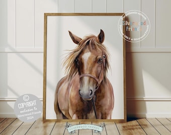 May include: A watercolor painting of a brown horse with a leather halter. The horse has a white stripe on its face and is looking directly at the viewer.