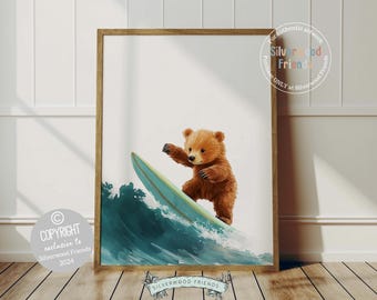 Bear Surfing Nursery Print, Coastal Beach House Surf Nursery Decor, Surfing Animal Nursery Wall Art, Kids Surf Room Wall Decor Digital Print