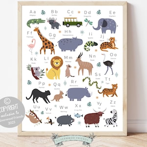Safari Alphabet Print, Safari Nursery Decor, Jungle Nursery Printable abc Chart, Safari Playroom abc Poster, Kids Jungle Theme Room Decor