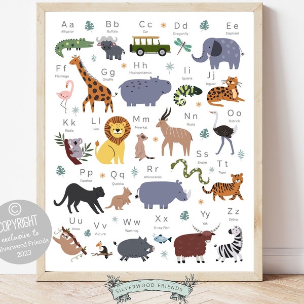 Safari Alphabet Print, Safari Nursery Decor, Jungle Nursery Printable abc Chart, Safari Playroom abc Poster, Kids Jungle Theme Room Decor