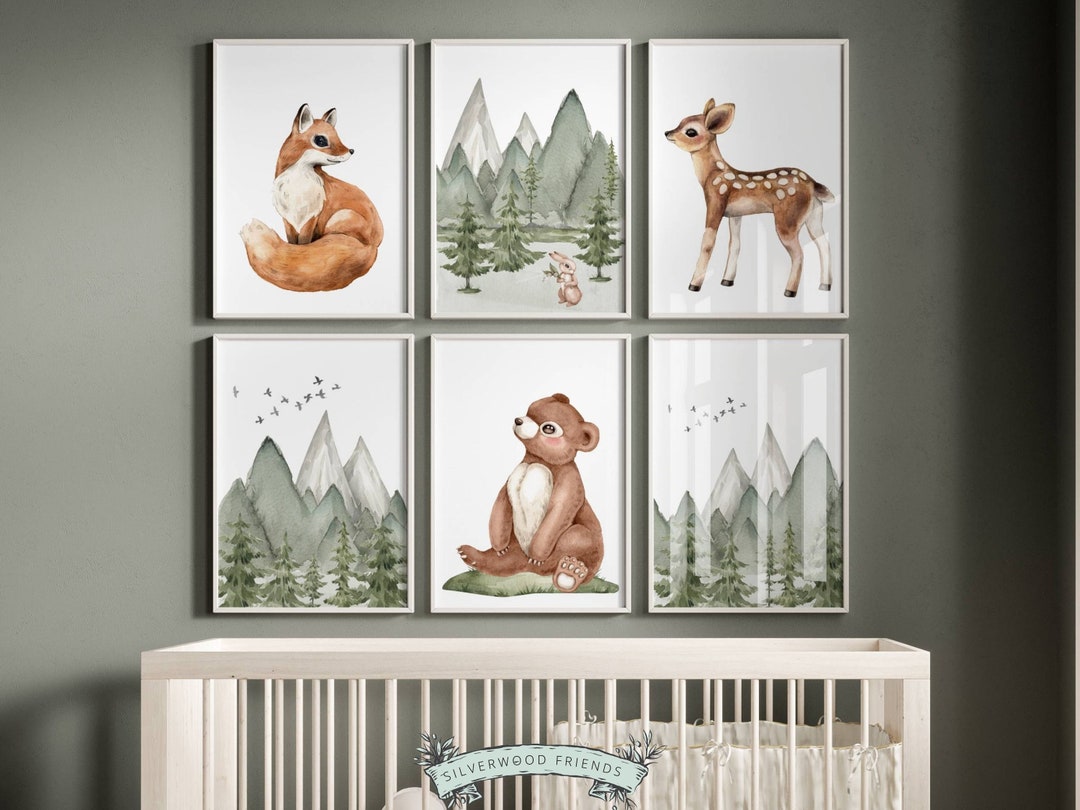 Baby Forest Animal Nursery Prints, Woodland Nursery Decor, Mountain