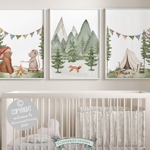 Camping Nursery Prints, Woodland Hiking Nursery Decor, Bear Nursery Wall Art, Nature Nursery Picture, Forest Mountains Nursery Digital Print