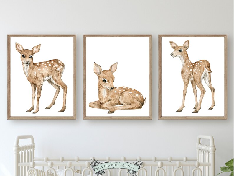 Our gorgeous watercolor Baby Deer Nursery Prints with watercolor baby deers, will transform your nursery instantly into a calm and cosy space for your little one and is perfect for your woodland nursery decor.