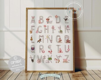 Cowgirl Alphabet Printable Wall Art, Western Nursery Decor, Educational ABC Print (Digital Download)
