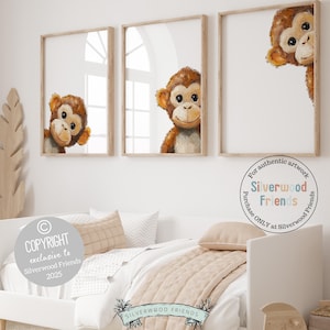 Peeking Monkey Nursery Prints, Safari Jungle Monkey Nursery Decor, Kids Room Wall Decor,Neutral Unisex Monkey Nursery Wall Art Digital Print