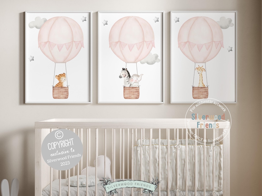 Pink Watercolor Hot Air Balloon Nursery Prints, Baby Girl Nursery Wall ...
