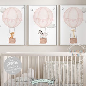 Pink Watercolor Hot Air Balloon Nursery Prints, Baby Girl Nursery Wall Art Print, Girl Boho Safari Nursery Decor,Safari Animal Digital Print