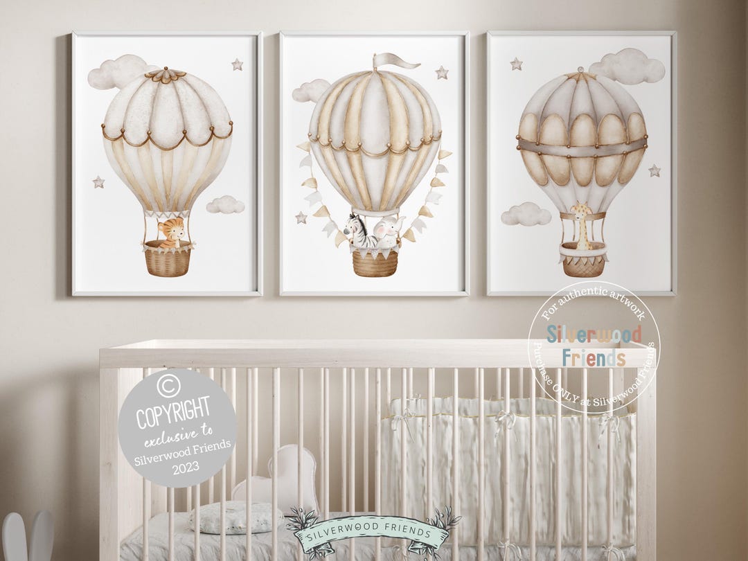 Hot Air Balloon Nursery Prints, Safari Animal Nursery Decor, Neutral ...