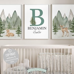 Woodland Forest Deer Nursery Print, Woodland Forest Deer Nursery Decor, Custom Baby Name Sign Personalised Mountain Nursery Digital Prints