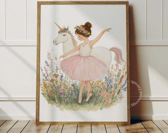 Whimsical Ballerina and Unicorn Wildflower Meadow Nursery Print (Digital Download) 21
