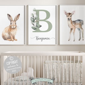 Láminas originales para guardería de bosque, decoración de guardería de conejito de bosque, lámina para guardería de ciervo, impresión digital neutra para guardería de animales del bosque para bebés