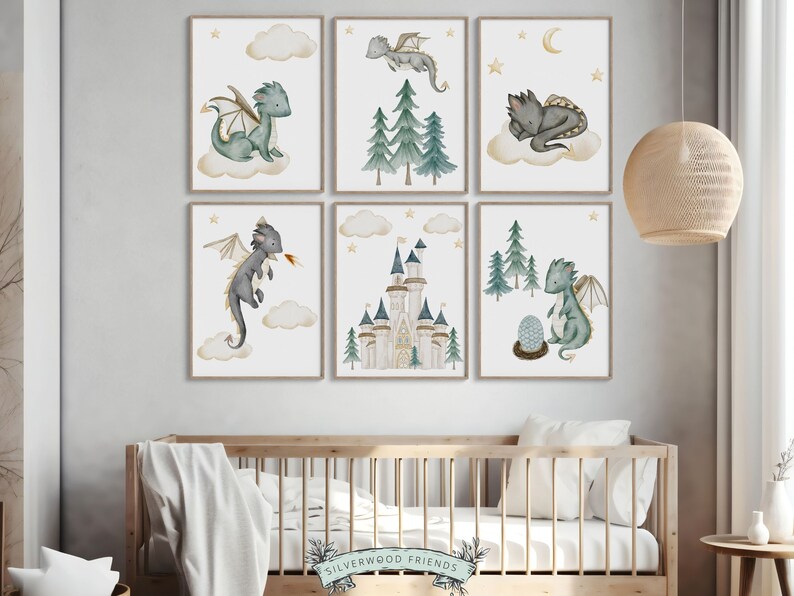 Set of 6 Baby Dragon Nursery Prints, Dragon Nursery Decor, Fairytale ...