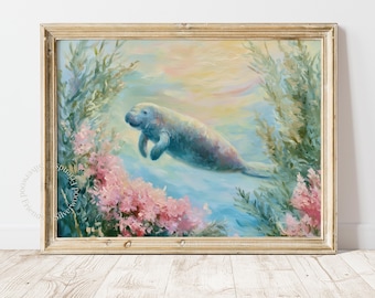 Manatee Pastel Watercolor Wall Art Print, Sea Animal Nursery Decor (Digital Download) 63