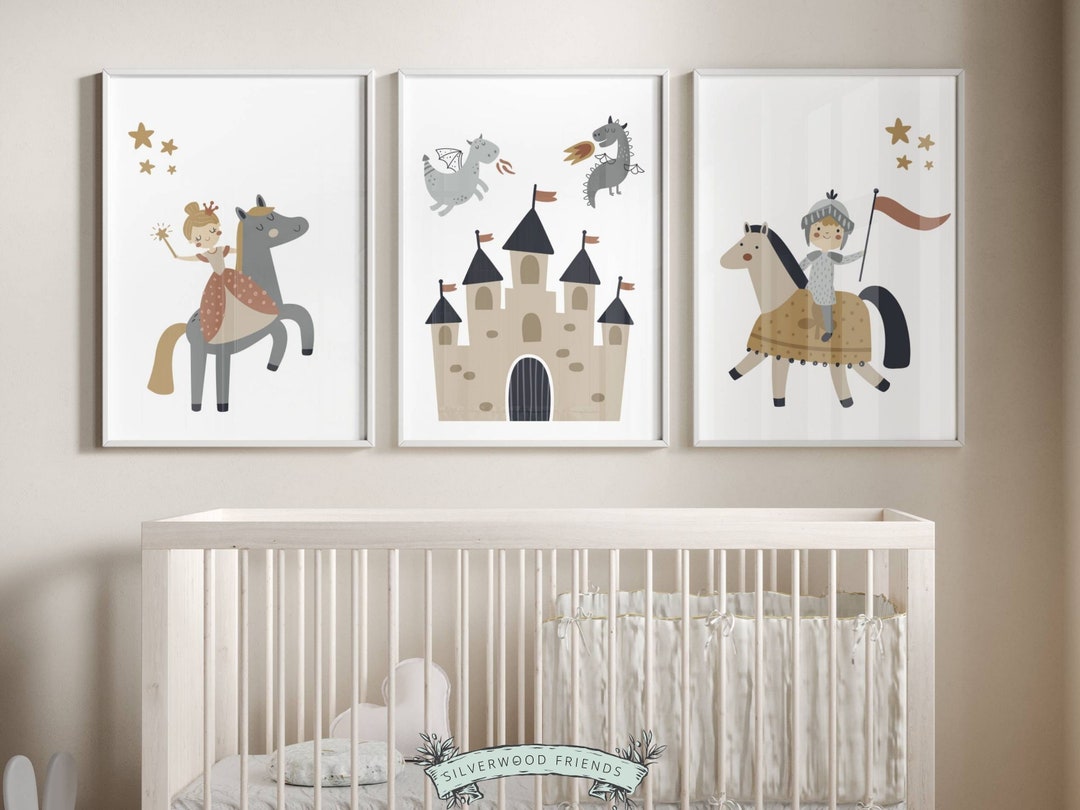Fairytale Nursery Prints, Princess Dragon Nursery Decor, Baby Girl Dragon Nursery Print, Castle