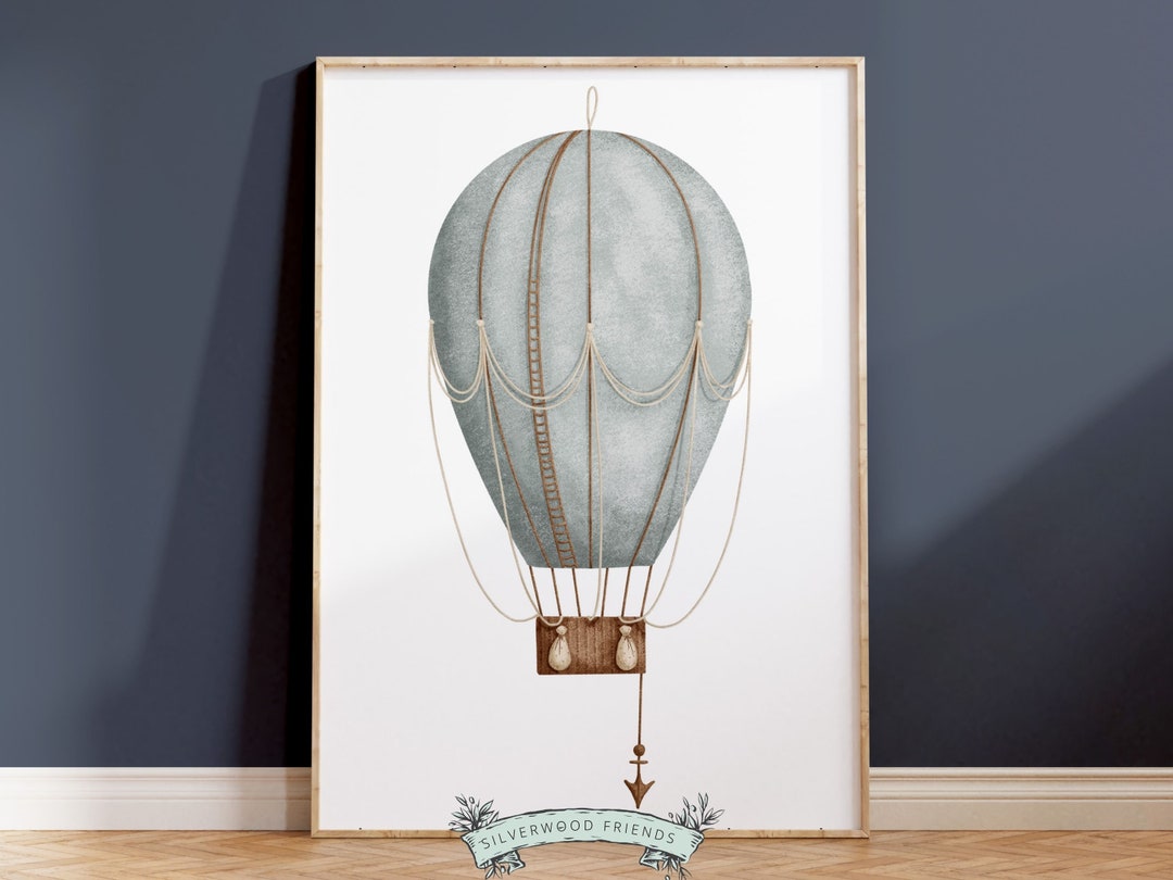 Blue Hot Air Balloon Nursery Print, Neutral Nursery Baby Decor