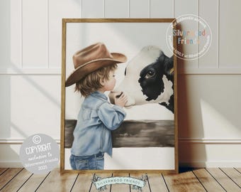 May include: A watercolor painting of a young child wearing a brown cowboy hat and a blue denim shirt, kissing a black and white cow on the nose. The painting is set against a brown wooden fence.