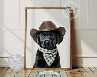 May include: A framed print featuring a black Labrador puppy wearing a brown cowboy hat and a green and white checkered bandana. The artwork has a copyright notice and the text "Silverwood Friends".