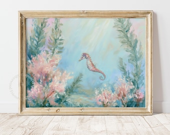 May include: A framed painting featuring a seahorse swimming in a light blue underwater scene with soft pink coral and tall green seaweed. The artwork is enclosed in a light-coloured wooden frame, capturing a serene marine environment with light.