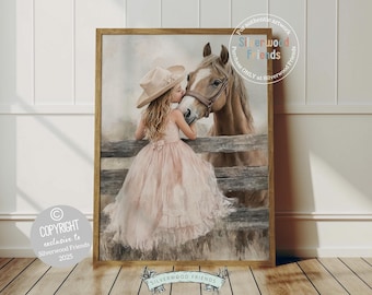 May include: A young girl in a pink dress and a cowboy hat kisses a brown horse on the nose. The horse is standing behind a wooden fence. The image is painted in a watercolor style.