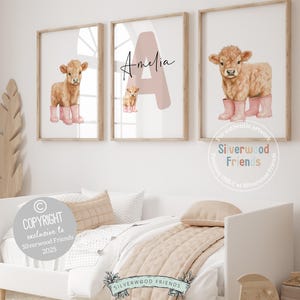 Baby Highland Cow Nursery Prints, Baby Girl Highland Cow Nursery Decor, Highland Cow Gifts, Farm Animal Picture Watercolor Cow Digital Print