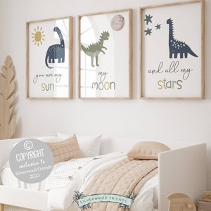 This Set of 3 Dinosaur Nursery Prints, featuring a sun, moon, stars and dinosaurs, along with the loving and positive quote You are my sun, my moon, and all my stars - will create a harmonious and dreamy atmosphere in your nursery.