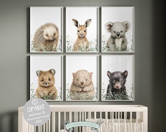 May include: Set of six printable nursery art prints featuring adorable animal illustrations. Each print features a different animal, including a hedgehog, kangaroo, koala, wombat, quokka, and bear cub. The prints are surrounded by delicate floral accents.