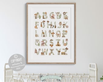 May include: A framed watercolor print featuring the alphabet, each letter designed with a cowboy theme. The letters are in a muted green color, with illustrations of cowboy hats, cacti, and other Western elements. The print is in a wooden frame.