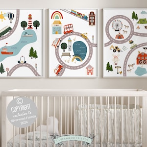 Kids Road Transport Map Nursery Prints, Car Nursery Decor, Toddler Room Wall Decor, Boys Transport Nursery Wall Art Digital Download Prints