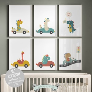 Dinosaur Nursery Prints, Dinosaurs Driving Racing Cars Print, Dino Prints For Baby Boys Room, Kids Room Decor, Dinosaur Room Digital Prints