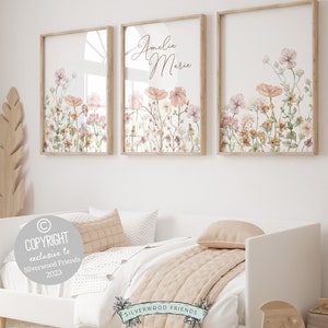 Stampa originale con fiori di campo per la cameretta del bambino, regalo per bambina, decorazione per cameretta con fiori di campo, stampa digitale da scaricare con nome floreale rosa boho.