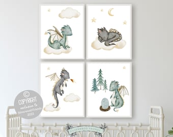 Set of 4 Baby Dragon Nursery Prints, Dragon Nursery Decor, Fairytale Nursery, Mythical Creatures, Baby Boys Fantasy Nursery Digital Prints