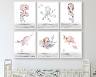 Mermaid Nursery Prints, Toddler Girl Room Decor, Baby Girl Nursery Print, Under the Sea Nursery Wall Art, Pink Mermaid Nursery Digital Print