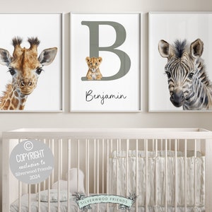 Impressões originais de safári para quarto de bebê, decoração boho safári para quarto de bebê, presente com nome para recém-nascido, decoração de parede com animais da selva para quarto de criança, impressões digitais