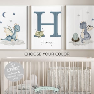 Impresiones para guardería de bebés con diseño de dragón, decoración para guardería de bebés con diseño de dragón, impresión de arte de pared para guardería con nombre de bebé con diseño de dragón personalizado, impresión digital personalizada de cuento de hadas