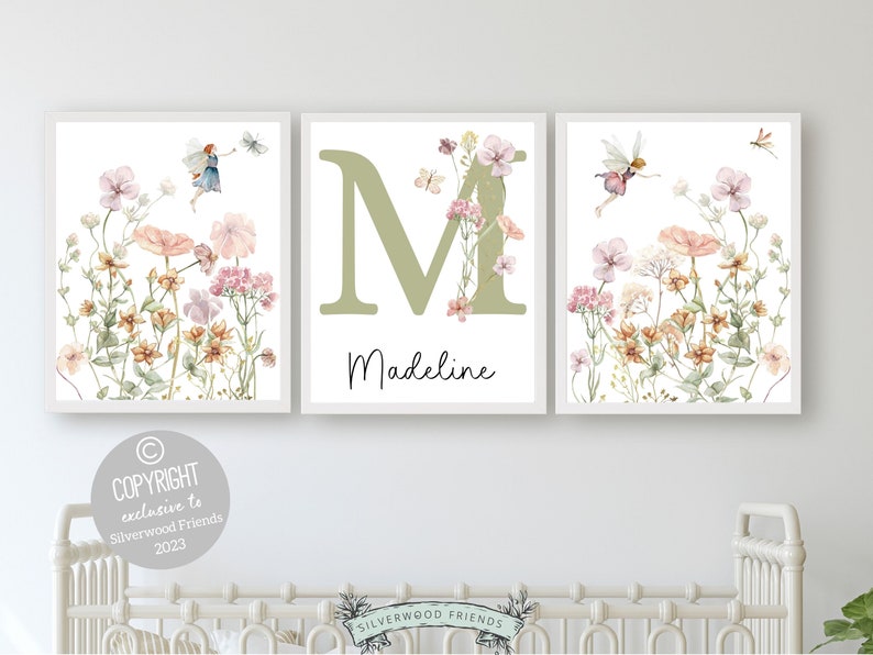 Our gorgeous custom wildflower fairy nursery name prints with watercolor wildflowers, butterfly’s and fairys with a sage green custom name letter, is perfect as a custom nursery print set for your new baby or as a unique baby shower gift.