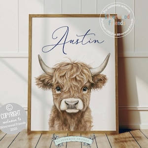 Highland Cow Nursery Print, Baby Boy Cowboy Western Highland Cow Nursery Decor, Highland Cow Wall Art, Watercolor Cow Digital Print