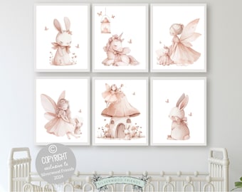 Fairytale Nursery Prints, Baby Girls Fairy Unicorn Nursery Print, Girls Pastel Pink Bunny Bedroom Decor, Fantasy Nursery Decor Digital Print