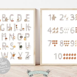 Woodland Alphabet Number Poster, Boho Woodland Nursery Decor, Forest Animal abc Poster, Educational Woodland Classroom Decor Digital Print