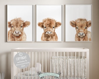Highland Cow Nursery Print, Highland Cow Nursery Decor Gifts, Kids Farm Bedroom Wall Decor, Baby Farm Animal Nursery Digital Download Prints