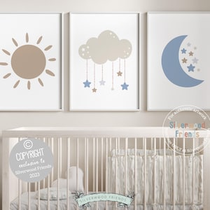 Cloud Moon Sun Stars Boho Nursery Prints, Gender Neutral Nursery Decor, Night Sky Playroom Decor, Celestial Nursery Wall Art Digital Print