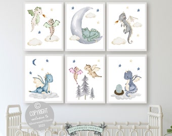 Baby Dragon Nursery Wall Art Prints, Dragon Nursery Decor, Dragon Baby Shower Gift, Dragon Printable Pictures, Neutral Nursery Digital Print