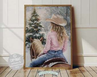 May include: A painting of a woman wearing a pink shirt and a cowboy hat riding a brown horse through a snowy forest. A large evergreen tree is in the background.