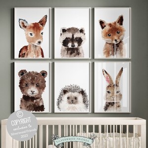 Woodland Nursery Art Prints, Set of 6, Baby Woodland Animal Nursery Decor, Forest Animals Nursery Wall Art, Woodland Playroom Art Decoration