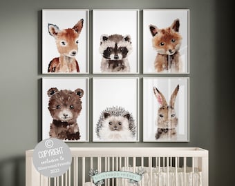 Woodland Nursery Art Prints, Set of 6, Baby Woodland Animal Nursery Decor, Forest Animals Nursery Wall Art, Woodland Playroom Art Decoration